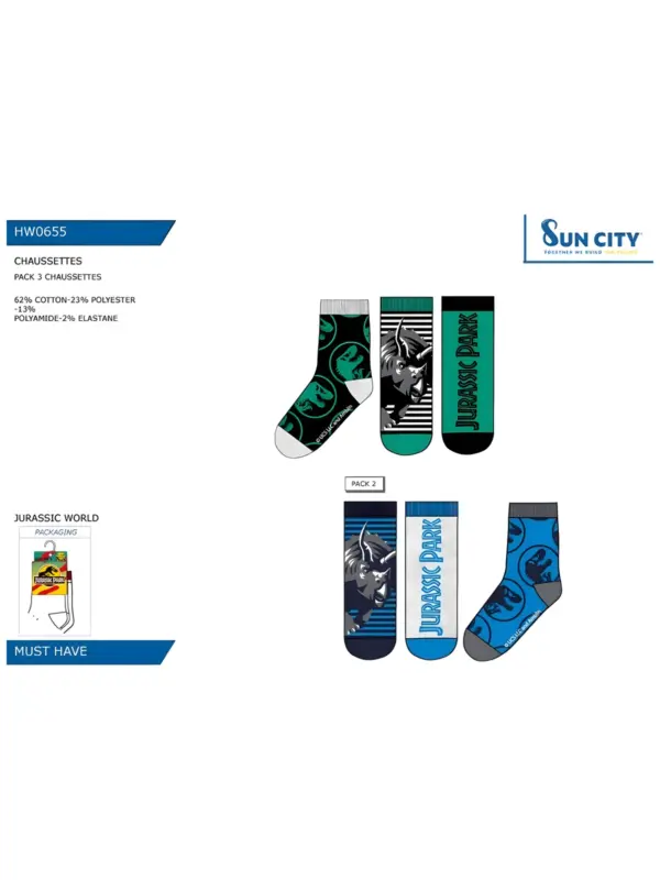Hw0655 Pack 3 Calcetines Jurassic Sun City
